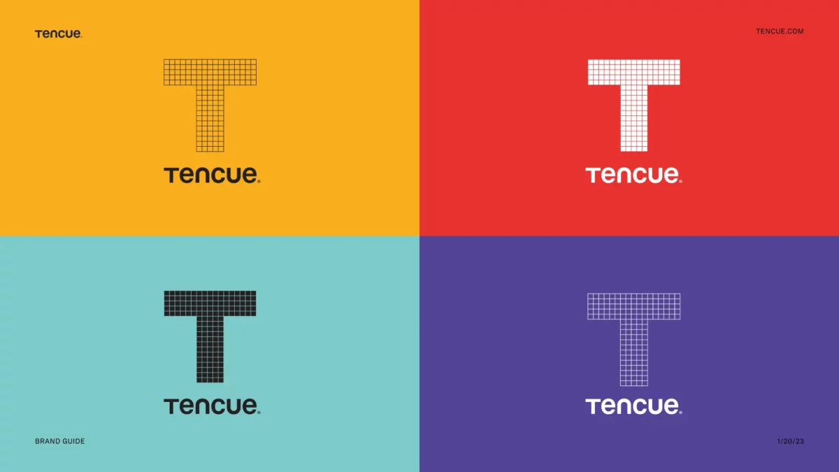 Grid of the Tencue logo and monogram on different colors