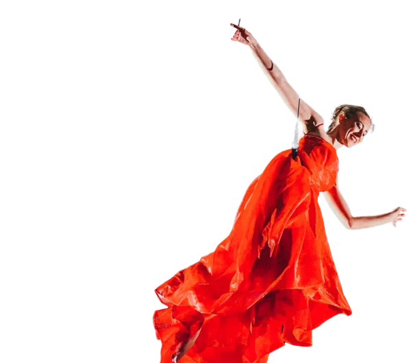 Aerial dancer in red dress cutout