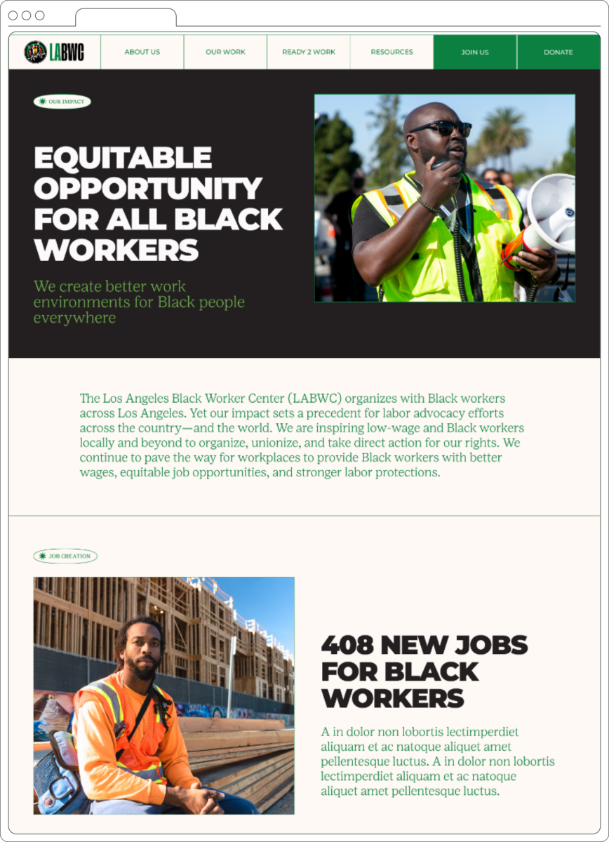 Image of the website's impact page. The headline reads "Equitable opportunity for all black workers"